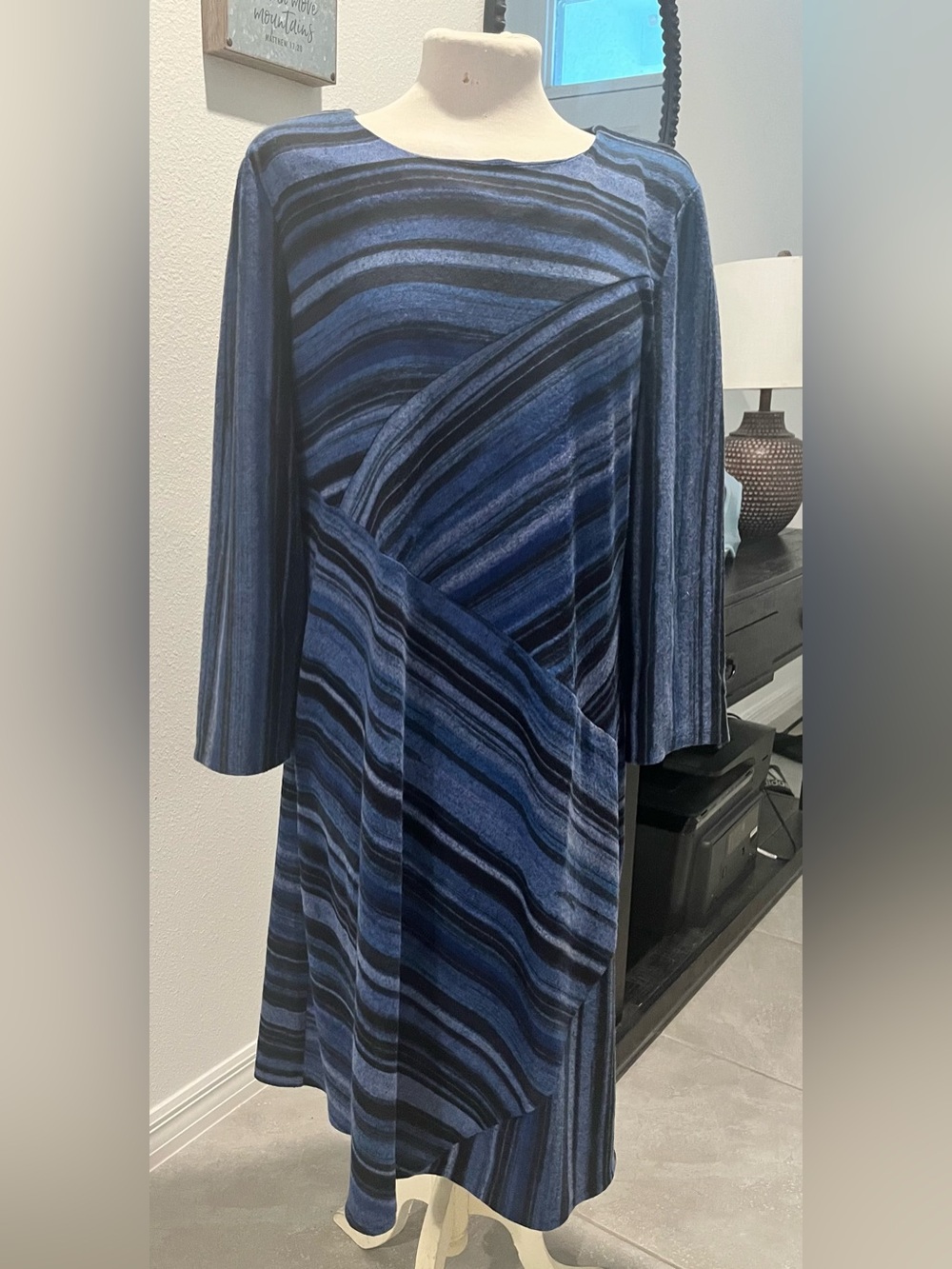 Long Sleeve Plus Size Blue Striped Swing Dress